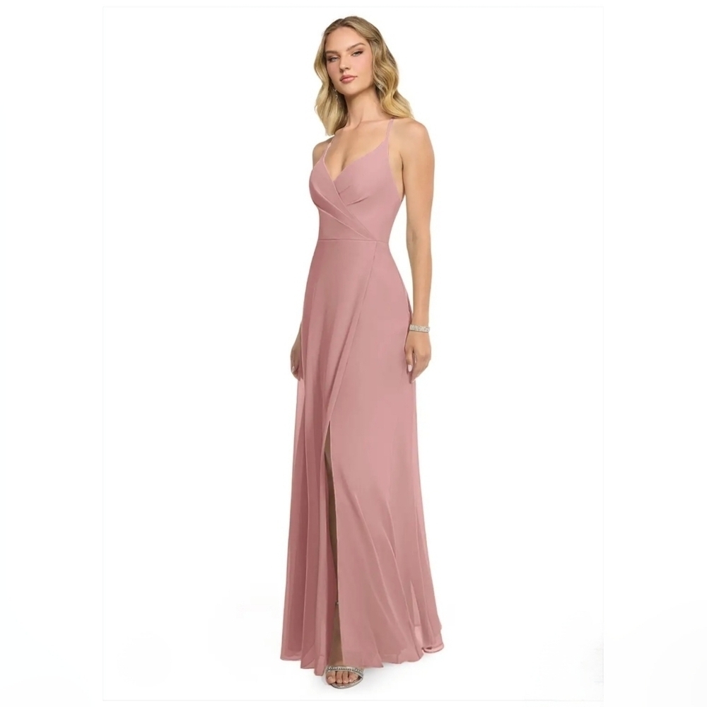 Azazie Davis Dusty Rose Chiffon Maxi Bridesmaid Dress A10 V-Neck Criss Cross